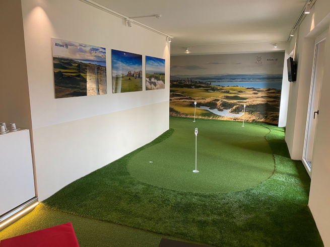 San Francisco indoor putting green in an office with scenic wall art